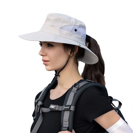 NPQQUAN Ponytail Sun Bucket Hat for Women Men Wide Brim UPF 50+ Fishing & Beach Hats Pure Beige