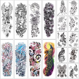 Aresvns waterproof full arm temporary tatttoos 8 sheets and 10 sheets black half arm fake tattoo stickers