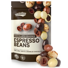 Snackathon Chocolate Covered Espresso Beans, 4 Chocolate Blend (Dark, Milk, White, Marbled), Bulk 1 Pound Bag, Made in USA, Gourmet Snack for Coffee Lovers