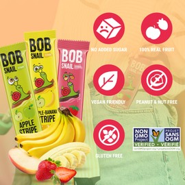 BOB SNAIL Healthy Fruit Snacks for Kids and Adults – 30 Fruit Leather Snacks with Apple, Banana, Strawberry – Vegan Low-Carb Variety Pack Strips for Kids – Sugar Free Jerky Bars