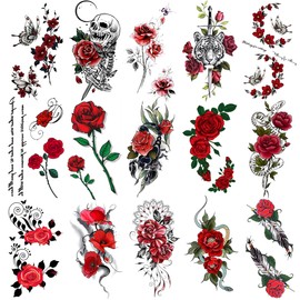 Oottati 15 Sheets Small Cute Hand Arm Temporary Tattoo Stickers Red Rose Skull Tiger Butterfly Snake