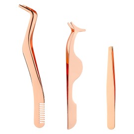 3pcs Eyelash Tweezers Clip, Multifunctional Lash Tweezers Set Stainless Steel Eyelash Applicator Tool Reusable Eyelash Extension Tweezers for Clusters False Lashes Makeup (Rose Golden)