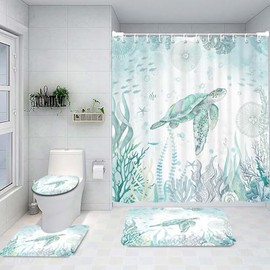 4 Pcs Sea Turtle Shower Curtain Set, Blue Teal Ocean Bathroom Rug Sets, Nautical Coastal Summer Animal Kids Fabric Shower Curtain and Non-Slip Rugs Toilet Lid Cover Bath Mat Decor with Hooks (Teal)
