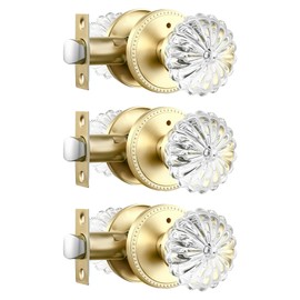 Heittis 3 Pack Glass Door Knob, Heavy Duty Gold Crystal Door Knobs Interior,Privacy Interior Gold Door Knob for Bathroom & Bedroom,Satin Brass Finished