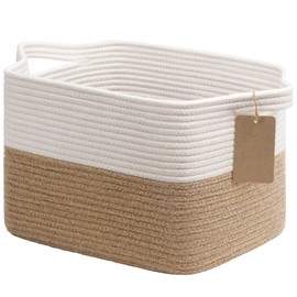 Goodpick Woven Storage Baskets for Organizing, Dog Toy Basket Medium Empty Gift Basket with Handles, Square Wicker Basket, White and Jute Storage Bin, 13.5 x 11 x 9.5 Inches