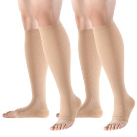 Bropite Calcetines de compresión de punta abierta para hombres y mujeres, 2 pares de calcetines de compresión médica de circulación sin dedos de 15 a 20 mmhg, Beige, Small-Medium