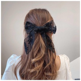 Ximdble Vintage Large Lace Bow Hair Clip Barrette Black Bow Lace Hair Barrette French Mesh Bow Head Clip Barrette Headpieces Black Silk Bow Hair Accessories for Women (Black)