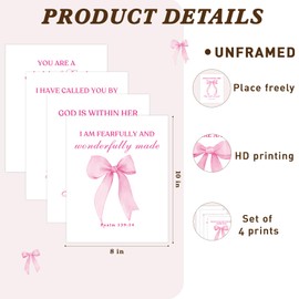 Shescrzionu 4 PCS Coquette Room Decor and Pink Bow Decor Room Decor For Teen Girls, Bible Verses Wall Decor, Preppy Posters for 10x8 Inch Set of Bow Pictures for Bedroom - A04