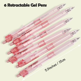 Cooapen Retractable Gel Pens, 6 Pcs Quick Dry Black Ink Pens, 0.5mm Fine Point Smooth Writing Pens with Soft Silicone Grip, Cute Office School Supplies Gifts (Transparent Pink)