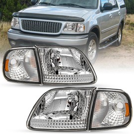 SOCKIR Headlight Assembly Replacement w/Corner Lights 4pcs Fit for Ford 97-03 F150 / 04 F150 Heritage / 97-02 Expedition / 97-99 F250 Light Duty, Chrome Housing with Amber Reflector
