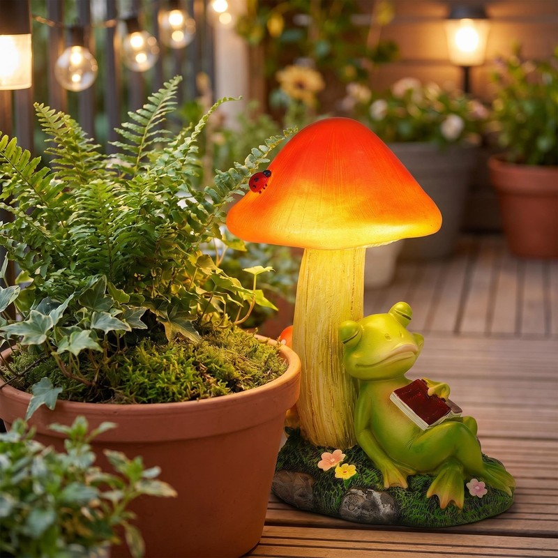 dojune Solar Powered Garden Mushroom Statue with Reading Frog, Outdoor