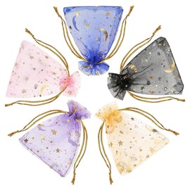 MOYWYCNO 50PCS Organza Gift Bags, 7x9cm Moon Stars Organza Bags with Drawstring, Party Gift Bag for Jewelry, Easter Birthdays Bridal Shower Special Occasions Decorative Mesh Pouches