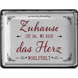 LANOLU Retro Tin Sign "Zuhause ist, wo das Herz sich wohlfühlt" [Home is Where the Heart Feels Comfortable], Gift for Housewarming, Topping-Out Gift, Metal Signs Family Rules Wooden Sign Look, Signs