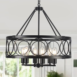 SLBWQ Black Farmhouse Chandelier, 6-Light Rustic Chandeliers for Dining Room Light Fixture, Drum Chandelier Round Pendant Light, Hanging Kitchen Island Lighting for Living Room, Entryway, Foyer