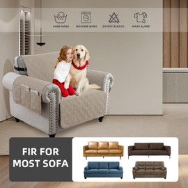 QQJIN 100% Waterproof Single Sofa Chair Cover, 1 Seater Sofa Armchair Cover with Side Pockets, Washable Anti-slip Sofa Chair Cover for Kids Pets Dog,Khaki,1 Seater