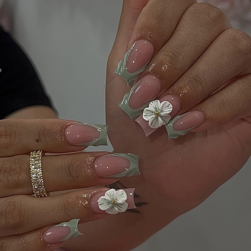 3D Flower Press on Nails French Tip Glue on Nails
