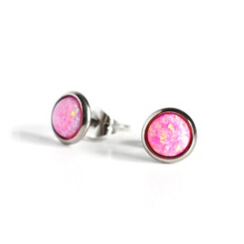 Opal Stud Earrings - Hypoallergenic Surgical Steel Studs - Protection Crystal - October Birthstone (Pink)