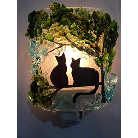 Kitty Cat Twins Black Silhouette Tree Recycled Glass Artisan Night Light Nightlight Unique Eco Gift