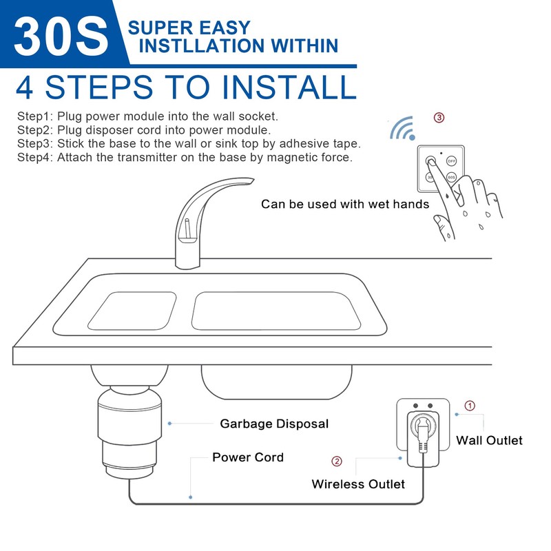 Garbage Disposal Wireless Switch Kit with 30s 60s Portable Timer