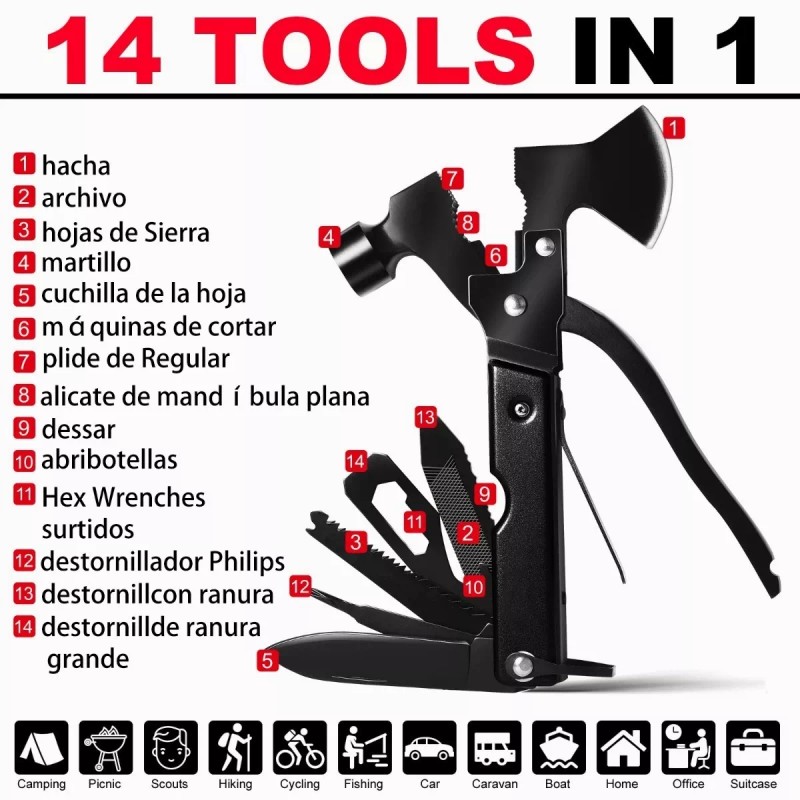 Burkey Multiherramienta Portatil Martillo Y Hacha 14 En 1 Con