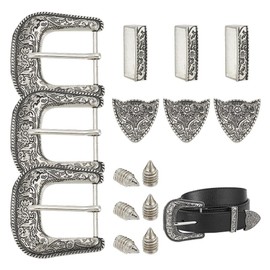BENECREAT 3 Sets Antique Silver Belt Buck Set, 38mm Wide Western Cowboy Buckle Alloy Belt Buckle Replacement for Interchangeable Buckles