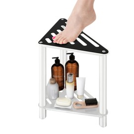 VOTZAAQ Shower Foot Rest, 14 in Shower Stool for Inside Shower, Stainless Steel Waterproof Shower Stool for Shaving Legs, Corner Bathroom Bench Seat with Storage Shelf for Small Shower Spaces(White)