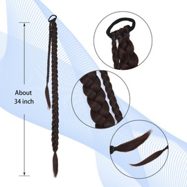 34 Inch Black Long Braided Ponytail Extension with Hair Tie Straight Wrap Around Hair Extensions DIY Pre Stretched Natural Soft Synthetic Hair Piece for Women (MW-4#)