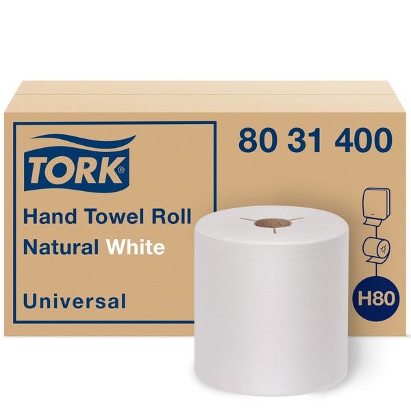Tork Hand Towel Roll Natural White H80, Universal, 100% Recycled Fiber, 6 Rolls x 800 ft, 8031400, 6 Count (Pack of 1)