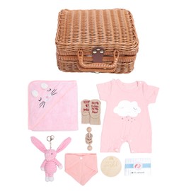 Baby Shower Gifts Basket Including Clothes Cute Doll Wooden Rattle Toy Funny Bibs Socks Greeting Card Newborn Baby Gifts Set Pink