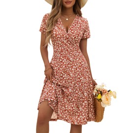 MSBASIC Spring Dresses for Women 2025 Wrap V Neck Short Sleeve Casual Womens Summer Dress(Floral-106,Medium)