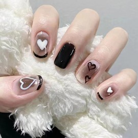 24PCS Grey Black Press on Nails Short Square French Tip Fake Nails Glossy Valentine's Day False Nails Blush Love Heart Designs Full Cover Glue on Nails Artificial Acrylic Fingernails for Women Girls