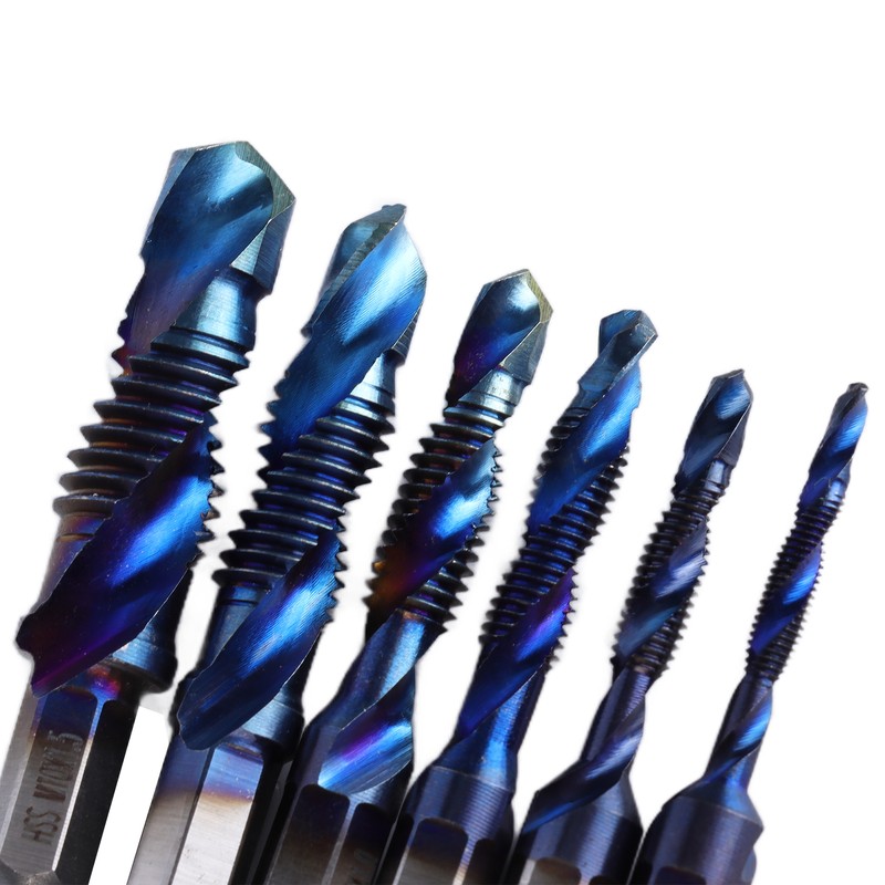 6pcs Spiral Tap Drill Bit Set Blue Plating Coating Hex