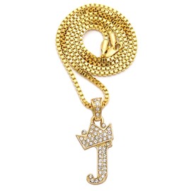 CBC Crown Rhinestone Studded Crown Small Initial Alphabet Letter Pendant Necklace16/18"/20" Box Chain Necklaces (18, Gold - J)