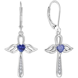 BELRYO 925 Sterling Silver Guardian Angel Cross Earrings for Women Leverback Earrings Religious Jewelry Cross Angel Wing dangle Earrings Christian Gift December Birthstone Tanzanite Color