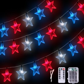 4th of July Decorations Star Lights, 45FT 90Led Red White and Blue String Lights with 8 Modes, Battery Operated & USB Charge Patriotic Lights for Indoor Outdoor Garden, Golf, Cart Memorial Day Decor