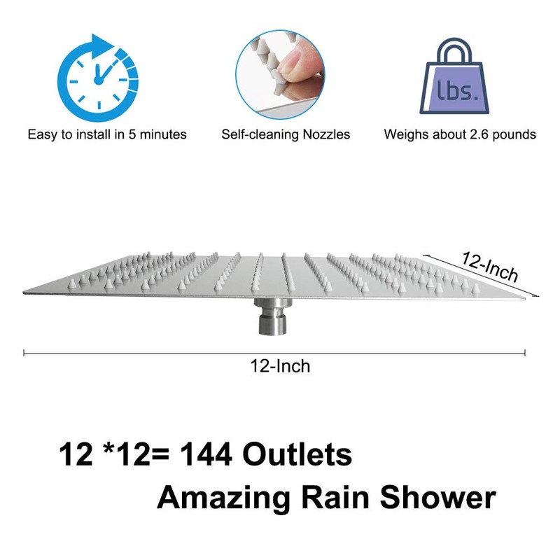NearMoon Rain Shower Head, High Flow Stainless Steel Square Rainfall