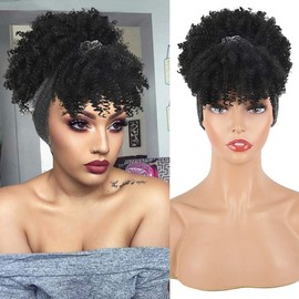 Aisaide Gray Headband Wigs for Black Women,Afro Headband Wig Synthetic Short Curly Wigs Afro Kinky Curly Black Wig with Bangs Wrap Wigs 2 in 1 Head Wrap Wig with Headband Attached Turban Wig High puff