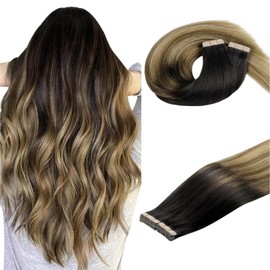 DOORES Hair Extensions Tape in, Balayage Dark Brown to Chestnut Brown and Dirty Blonde 40pcs 100g 16 Inch, Tape in Human Hair Extensions Real Hair Straight
