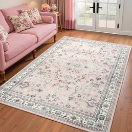 Flagover 4x6 Light Pink Washable Boho Area Rug for Living Room, Vintage Floral Non Slip Bedroom Rugs, Wool Low Pile Indoor Mat, Aesthetic Pattern Carpet for Kitchen, Office and Bedside