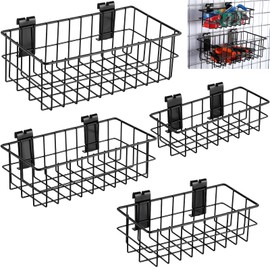 Blulu 4 Pcs Ventilated Metal Hanging Storage Baskets - Wire Grid Basket for Gridwall, Mounted Gridwall Accessories for Shops, Rooms Storage Display Organizing, Black