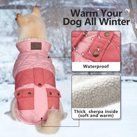 KYEESE Dog Coats Warm Windproof Waterproof Dog Jacket Padded Sherpa with Leash Hole for Small Dogs Winter Turtleneck Cold Weather Coats, Pink, L