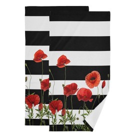 AIYOOLER Red Poppy Floral Hand Towels for Bathroom Set of 2 Soft Absorbent Chic Flower Black and White Striped Bath Towels Decorative Kitchen Dish Towel Bathroom Towels for Guest Shower Gym 28x14in