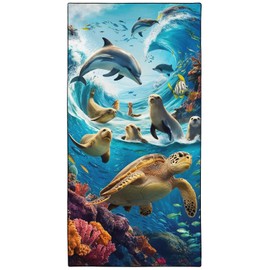 YISUMEI Microfibre Beach Towel Printed with Sea Creatures, Soft, Lightweight, Sandproof, Quick-Drying Towel, Plus Size XXL, 180 x 90 cm