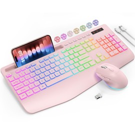 Wireless Keyboard and Mouse Combo, 9 Backlit Effects, Wrist Rest, Phone Holder, 2.4G Lag-Free Ergonomic Keyboards, Rechargeable Silent Cordless Set for Computer, Laptop, Mac, Windows -SABLUTE（Pink）