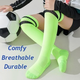 Hakugoo - Calcetines de fútbol para niños y niñas, calcetines deportivos acolchados para jóvenes, calcetines de béisbol a rayas hasta la rodilla, Colorido, paquete de 6, 7-10 Años