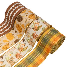 LaRibbons Fall Burlap Plaid Ribbon Wired 2 1/2" x 6 Yards 4 Rolls, Animal Park Ribbon for Autumn Wreath Thanksgiving Christmas Farm Gift Wrapping Home Decor
