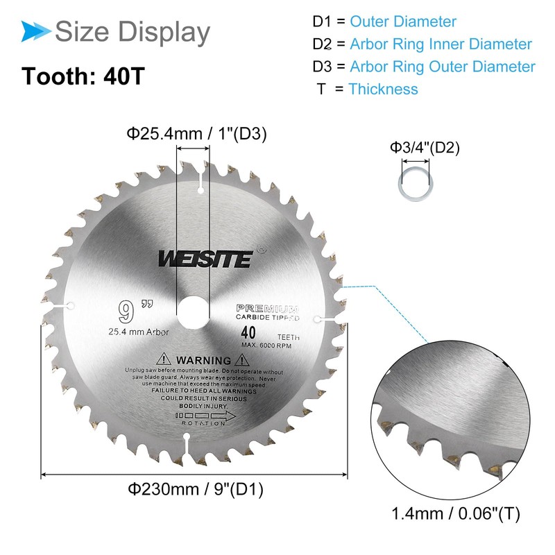 CoCud Circular Saw Blade, 9" Outer Dia 40 Teeth 3/4"