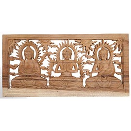 GURU SHOP Carved Wall Picture Decorative Wall Relief 3 Buddhas, Brown, 26 x 50 x 1.5 cm, Masks & Wall Decoration