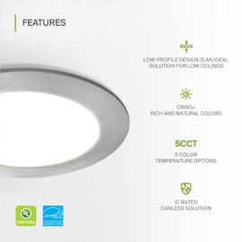 ASD LED Recessed Lighting 4 Inch - 2700K/3000K/3500K/4000K/5000K, 12W 50W Eqv - Ultra Thin Dimmable Ceiling Lights with J Box, Canless Wafer Downlight - Round Slim Panel Light - UL Energy Star 6 Pack