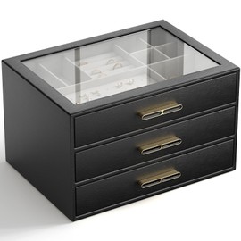 outeyoyo Jewelry Organizer with Glass Lid, 3-Layer Jewelry Box, 3 Drawers, for Big and Small Jewelry, Earrings, Rings, Necklaces - Ideal Gift for Women and Girls, Midnight Black (Model A1307BK)
